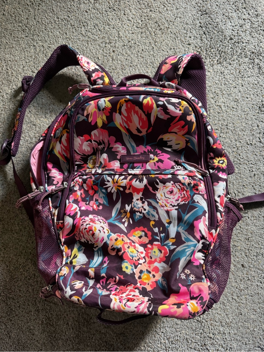Vera Bradley Plum Floral Print Campus Backpack with Pink & Teal Accents